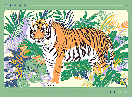 포스터 잎 일러스트 자연 사람없음 초록색 여름 화려 호랑이 복고 팝아트 판화 몬스테라 트로피컬아트 국내일러스트 AI파일 식물 계절 컬러 컨셉 포유류 미술 그림 생태계 파일형식 벡터