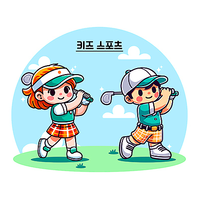 전신 구름 모자 여자 남자 어린이 스포츠 하늘색 골프 일러스트 자연 하늘 들기 소녀 소년 잔디 두명 골프채 스윙 골프웨어 어린이만 국내일러스트 AI파일 자연요소 식물 잡화 옷 포즈 모션 골프용품 사람 파란색 구기 생태계 파일형식 벡터