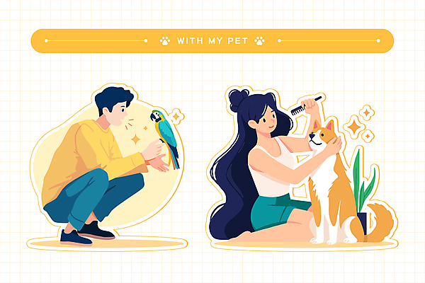 전신 캐릭터 여자 남자 화분 스티커 일러스트 나뭇잎 말하기 들기 앉기 두명 반짝임 뷰티 노란색 마주보기 사각형 머리빗 강아지 앵무새 빗질 웅크림 일러캐릭터 AI파일 도형 컬러 잎 모션 조류 사람 반려동물 미용용품 개 파일형식 벡터