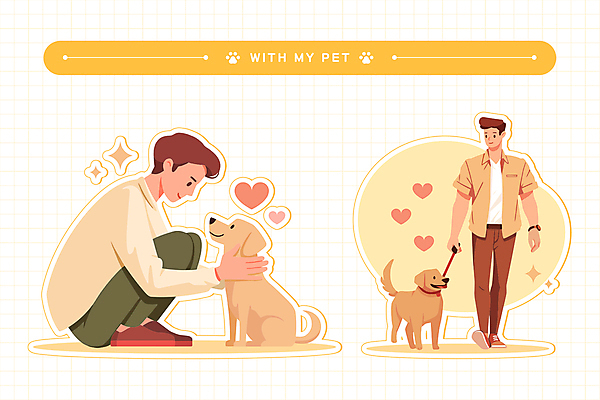 전신 캐릭터 남자 스티커 일러스트 성인 두명 반짝임 노란색 마주보기 사각형 산책 하트 강아지 목줄 성인남자만 쓰다듬기 일러캐릭터 AI파일 모양 도형 컬러 모션 휴식 사람 반려동물 개 남자만 성인만 파일형식 벡터 반려용품