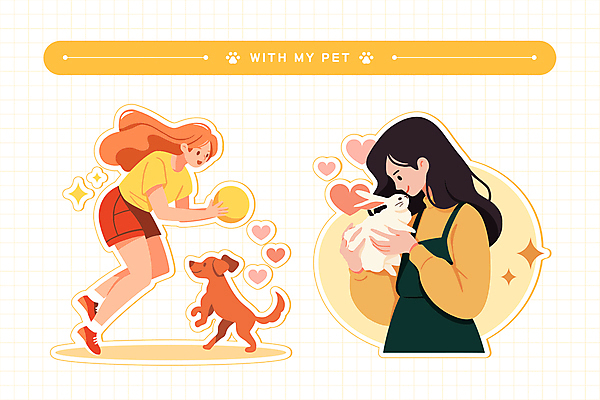 전신 캐릭터 여자 스티커 일러스트 안기 들기 성인 두명 반짝임 노란색 마주보기 사각형 점프 하트 토끼 강아지 공놀이 성인여자만 일러캐릭터 AI파일 모양 도형 컬러 공 포유류 모션 놀이 사람 반려동물 개 여자만 성인만 파일형식 벡터