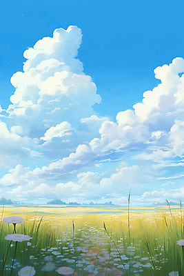JPG 구름 꽃 하늘색 일러스트 자연 하늘 초원 사람없음 여름 풀 분위기 국내일러스트 AI일러스트 AI콘텐츠 자연요소 식물 계절 컨셉 파란색 생태계 파일형식