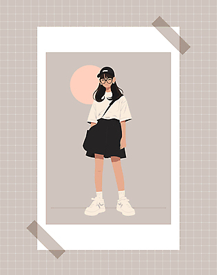 전신 여자 패션 안경 가방 일러스트 반바지 한명 성인 캐주얼 검은색 반팔티셔츠 흰색 스니커즈 모던 코디 베이지색 소셜네트워크 캡모자 성인여자한명만 오오티디 국내일러스트 AI파일 모자_잡화 1 잡화 옷 컬러 운동화 티셔츠 바지 사람 신조어 여자한명만 성인여자만 파일형식 벡터