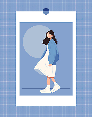 전신 옷 원피스 여자 패션 일러스트 한명 성인 캐주얼 파란색 흰색 스니커즈 코디 소셜네트워크 성인여자한명만 오오티디 국내일러스트 AI파일 1 컬러 운동화 사람 신조어 여자한명만 성인여자만 파일형식 벡터