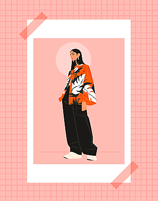 전신 여자 패션 분홍색 일러스트 한명 성인 캐주얼 유행 재킷 스니커즈 코디 소셜네트워크 성인여자한명만 오오티디 국내일러스트 AI파일 1 옷 컬러 운동화 사람 외투 신조어 여자한명만 성인여자만 파일형식 벡터