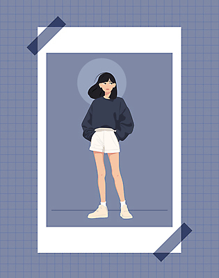 전신 옷 여자 패션 일러스트 반바지 한명 성인 캐주얼 파란색 남색 스웨터 스니커즈 주머니손 코디 소셜네트워크 성인여자한명만 오오티디 국내일러스트 AI파일 1 컬러 운동화 상의 바지 모션 사람 신조어 여자한명만 성인여자만 파일형식 벡터