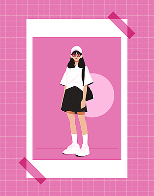 전신 옷 여자 패션 안경 분홍색 일러스트 한명 성인 캐주얼 선글라스 반팔티셔츠 스니커즈 모던 코디 소셜네트워크 캡모자 성인여자한명만 오오티디 국내일러스트 AI파일 모자_잡화 1 잡화 컬러 운동화 티셔츠 사람 신조어 여자한명만 성인여자만 파일형식 벡터