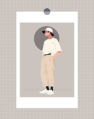 전신 모자 옷 패션 남자 일러스트 한명 성인 캐주얼 회색 반팔티셔츠 스니커즈 주머니손 코디 베이지색 소셜네트워크 챙모자 성인남자한명만 오오티디 국내일러스트 AI파일 모자_잡화 1 잡화 컬러 운동화 티셔츠 모션 사람 신조어 남자한명만 성인남자만 파일형식 벡터