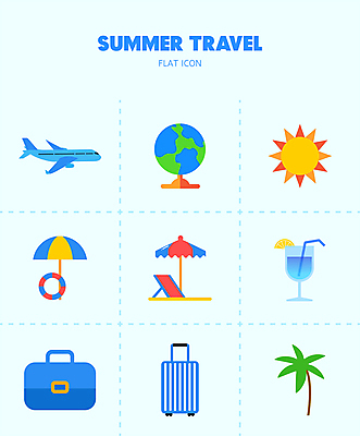 아이콘 지구 여행 하늘색 휴가 비행기 해변 사람없음 여름 야자수 햇빛 태양 캐리어 파라솔 칵테일 수하물 2D아이콘 AI파일 자연요소 나무 계절 바다 항공교통 대중교통 주류 파란색 여행가방 파일형식 벡터