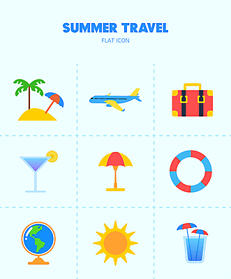아이콘 음료 여행 하늘색 휴가 비행기 사람없음 여름 야자수 태양 지구본 여행가방 파라솔 튜브 2D아이콘 AI파일 자연요소 나무 계절 가방 항공교통 대중교통 파란색 파일형식 벡터