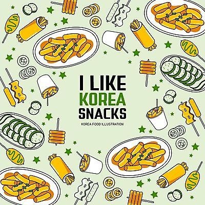 그릇 패턴 일러스트 사람없음 컵 초록색 꼬챙이 어묵 떡볶이 분식 김밥 핫도그 순대 떡꼬치 국내일러스트 AI파일 식기 음식 컬러 무늬 주방용품 패스트푸드 꼬치 파일형식 벡터