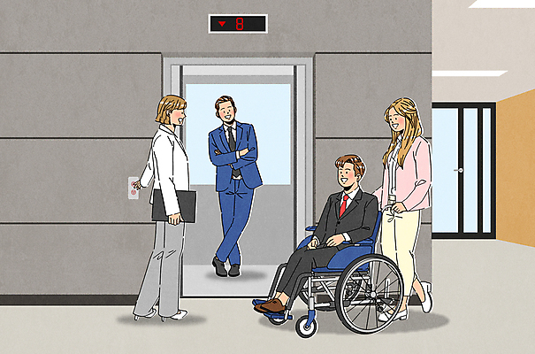 여자 남자 일러스트 회사 들기 앉기 정장 여러명 성인 비즈니스라이프 팔짱 도움 직장인 기다림 밀기 장애인 엘리베이터 직원 휠체어 성인만 국내일러스트 AI파일 직업 라이프스타일 옷 다수 컨셉 비즈니스 모션 사람 장애 파일형식 벡터