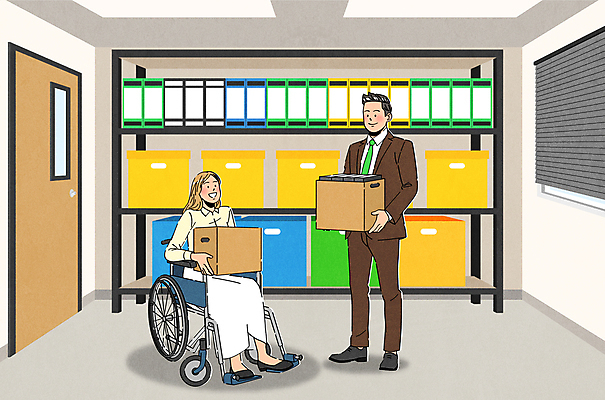 여자 남자 일러스트 회사 선반 서기 들기 앉기 성인 두명 비즈니스라이프 상자 문 마주보기 직장인 장애인 휠체어 문서 정리 성인만 국내일러스트 AI파일 직업 라이프스타일 가구 비즈니스 모션 사람 장애 파일형식 벡터