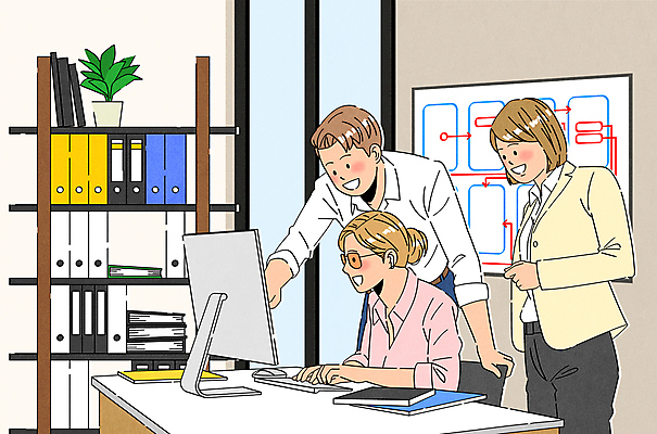 여자 남자 화분 안경 화초 일러스트 회사 창문 회의 책장 성인 책 세명 비즈니스라이프 모니터 가리킴 타이핑 키보드 마우스 직장인 장애인 직원 화이트보드 시각장애인 성인만 국내일러스트 AI파일 식물 직업 라이프스타일 잡화 가구 비즈니스 사람 손짓 컴퓨터 컴퓨터용품 장애 파일형식 벡터