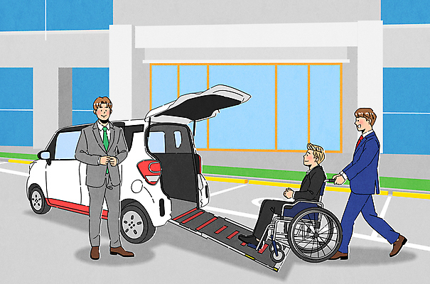 남자 일러스트 회사 자동차 성인 건물 세명 비즈니스라이프 걷기 도움 직장인 밀기 장애인 휠체어 리프트 조종장치 성인남자만 국내일러스트 AI파일 직업 라이프스타일 건축물 육상교통 컨셉 비즈니스 모션 사람 장비 장애 남자만 성인만 파일형식 벡터