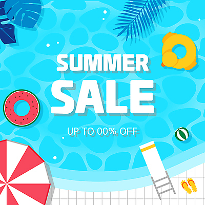 템플릿 하늘색 공 나뭇잎 슬리퍼 수영장 사람없음 물 여름 세일 파라솔 쪼리 비치볼 튜브 야자수잎 몬스테라 카드뉴스 이미지템플릿 AI파일 자연요소 식물 계절 신발 잎 바캉스용품 파란색 샌들 파일형식 벡터