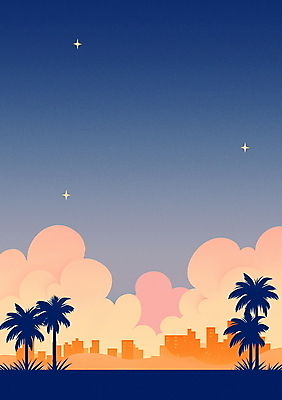 JPG 구름 포스터 야경 일러스트 밤하늘 빌딩 사람없음 건물 여름휴가 야자수 여름풍경 새벽 도시 분위기 남색 스카이라인 여름밤 카피스페이스 국내일러스트 AI일러스트 AI콘텐츠 자연요소 나무 건축물 컬러 컨셉 하늘 휴가 풍경 여름 공백 야간 파일형식 여름_계절 풍경_경치