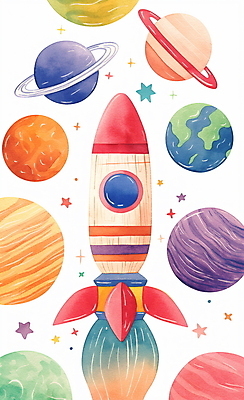 JPG 지구 일러스트 수채화 사람없음 우주 로켓 발사 그림 토성 국내일러스트 AI일러스트 AI콘텐츠 행성 파일형식