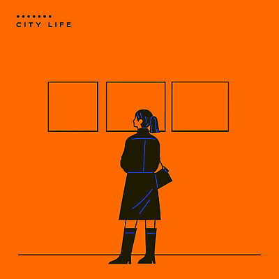 전신 무료이미지 여자 예술 액자 일러스트 한명 성인 주황색 감상 관찰 라인아트 관람 성인여자한명만 국내일러스트 AI파일 1 선 컬러 모션 사람 여자한명만 성인여자만 파일형식 벡터