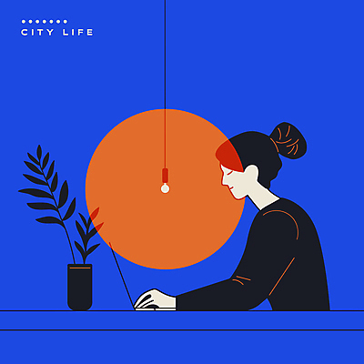 여자 화분 화초 일러스트 전등 한명 성인 파란색 노트북 빛 눈감음 업무 작업 집중 라인아트 성인여자한명만 국내일러스트 AI파일 식물 1 선 컬러 컨셉 모션 조명 사람 전자제품 여자한명만 성인여자만 파일형식 벡터