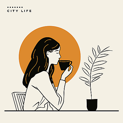 여자 화분 화초 커피 의자 일러스트 탁자 휴식 한명 들기 성인 취미 마시기 커피잔 라인아트 베이지색 성인여자한명만 국내일러스트 AI파일 식물 1 음료 선 컬러 가구 컨셉 모션 잔 사람 여자한명만 성인여자만 파일형식 벡터