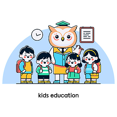 캐릭터 여자 어린이교육 남자 어린이 시계 일러스트 수업 책가방 알림판 들기 소녀 소년 여러명 책 연필 교사 머리띠 부엉이 어린이만 국내일러스트 일러캐릭터 AI파일 직업 교육 다수 가방 장신구 모션 조류 학용품 사람 필기구 파일형식 벡터