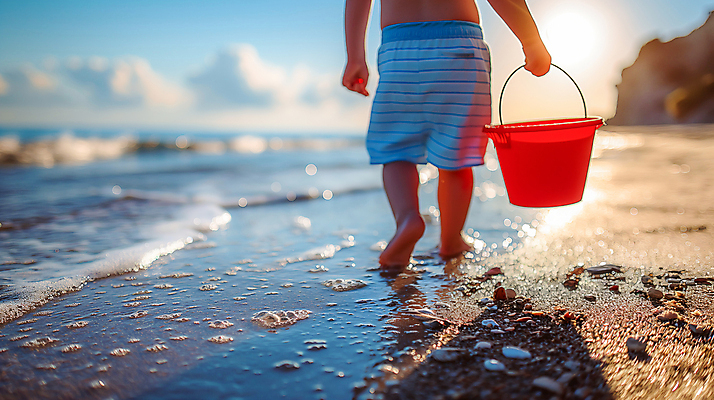 JPG 편집이미지 남자 어린이 바다 한명 들기 소년 해변 여름 모래사장 바구니 걷기 하반신 양동이 모래놀이 소년한명만 편집실사 AI인물포토 AI콘텐츠 1 계절 모래 모션 놀이 사람 CG 남자한명만 소년만 파일형식 AI포토