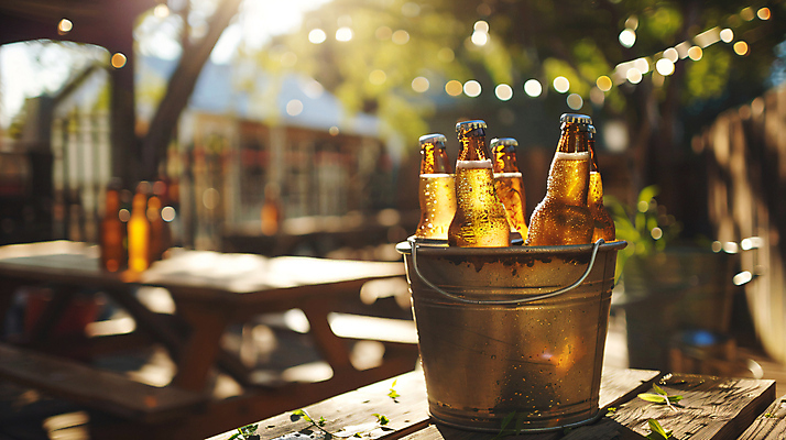 JPG 편집이미지 문화 여행 탁자 휴식 맥주 병맥주 사람없음 야외 아웃포커스 양동이 담기 휴양지 맥주병 편집실사 AI포토 AI콘텐츠 가구 컨셉 모션 술병 주류 촬영기법 장소 CG 파일형식