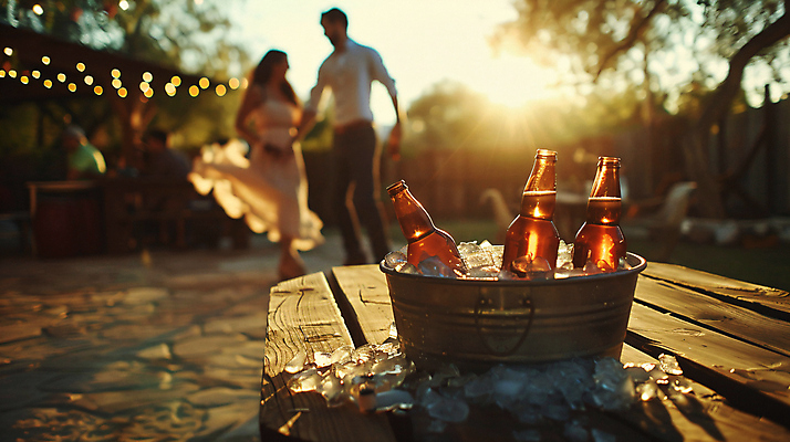 JPG 전신 편집이미지 여자 남자 문화 여행 탁자 휴식 맥주 병맥주 성인 야외 두명 얼음 양동이 담기 휴양지 맥주병 성인만 편집실사 AI인물포토 AI콘텐츠 자연요소 가구 컨셉 모션 술병 주류 사람 장소 CG 파일형식 AI포토