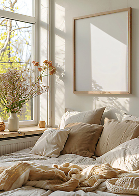 JPG 편집이미지 벽 액자 거실 베개 휴식 그림자 사람없음 인테리어 햇빛 꽃병 공간 이불 나뭇가지 편안함 카피스페이스 편집실사 AI포토 AI콘텐츠 나무 디자인 꽃 컨셉 침구 태양 공백 감각 CG 파일형식