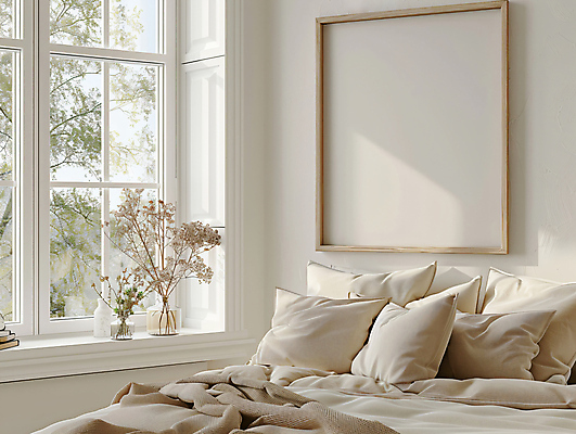 JPG 편집이미지 벽 액자 거실 창문 베개 휴식 그림자 사람없음 인테리어 햇빛 꽃병 공간 이불 나뭇가지 편안함 카피스페이스 편집실사 AI포토 AI콘텐츠 나무 디자인 꽃 컨셉 침구 태양 공백 감각 CG 파일형식