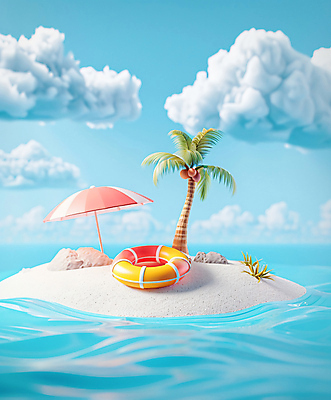 JPG 구름 편집이미지 물결 바다 여행 휴식 사람없음 여름휴가 야자수 바위 파라솔 수면 휴양지 무인도 힐링 튜브 편집실사 AI컴퓨터그래픽 AI콘텐츠 자연요소 나무 섬 컨셉 휴가 물 장소 돌_바위 CG 파일형식 여름_계절