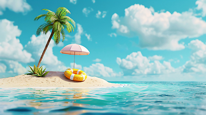 JPG 구름 편집이미지 물결 바다 여행 휴식 사람없음 여름휴가 야자수 파라솔 수면 휴양지 무인도 힐링 튜브 편집실사 AI컴퓨터그래픽 AI콘텐츠 자연요소 나무 섬 컨셉 휴가 물 장소 CG 파일형식 여름_계절