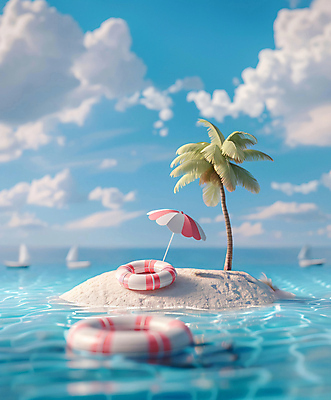 JPG 구름 편집이미지 물결 바다 여행 휴식 사람없음 여름휴가 야자수 파라솔 보트 수면 휴양지 무인도 힐링 튜브 편집실사 AI컴퓨터그래픽 AI콘텐츠 자연요소 나무 섬 컨셉 배_교통 휴가 물 장소 CG 파일형식 여름_계절
