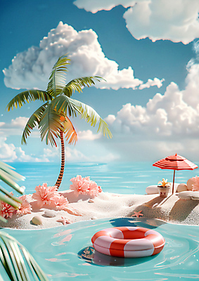 JPG 구름 편집이미지 물결 바다 여행 휴식 불가사리 그림자 사람없음 여름휴가 야자수 파라솔 수면 휴양지 무인도 힐링 튜브 야자수잎 열대꽃 편집실사 AI컴퓨터그래픽 AI콘텐츠 자연요소 나무 꽃 섬 컨셉 잎 휴가 극피동물 물 장소 CG 파일형식 여름_계절