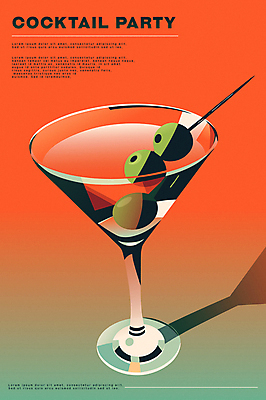 포스터 술잔 일러스트 그림자 사람없음 여름 파티 주황색 칵테일 투명 올리브 칵테일잔 마티니 국내일러스트 AI파일 계절 열매 컬러 잔 주류 이벤트 파일형식 벡터