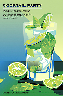 포스터 조각 일러스트 단면 잔 사람없음 초록색 여름 파티 칵테일 라임 모히토 애플민트 국내일러스트 AI파일 식기 계절 컬러 과일 주류 이벤트 민트 파일형식 벡터