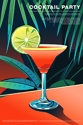 포스터 술잔 일러스트 그림자 사람없음 빨간색 여름 파티 칵테일 칵테일잔 슬라이스 라임 야자수잎 몬스테라 트로피컬아트 국내일러스트 AI파일 식물 계절 컬러 잎 과일 잔 주류 이벤트 그림 파일형식 벡터