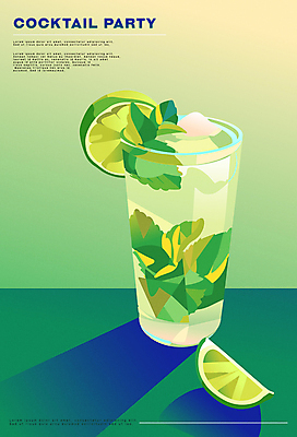 포스터 일러스트 잔 그림자 사람없음 초록색 여름 파티 칵테일 민트 슬라이스 라임 모히토 국내일러스트 AI파일 식기 계절 컬러 과일 주류 이벤트 허브 파일형식 벡터