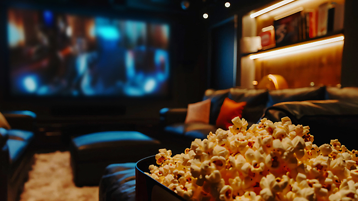 JPG 편집이미지 사람없음 인테리어 소파 스크린 스피커 영화관 영화 디지털합성 팝콘 홈시어터 편집실사 AI포토 AI콘텐츠 디자인 음향기기 의자 문화예술 장비 극장 CG 파일형식