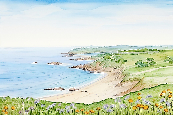 JPG 구름 꽃 바다 일러스트 자연 하늘 붓터치 수채화 풍경 사람없음 여름 국내일러스트 AI일러스트 AI콘텐츠 자연요소 식물 계절 생태계 파일형식