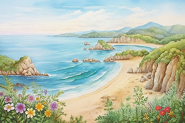 JPG 구름 꽃 바다 일러스트 자연 하늘 붓터치 수채화 풍경 사람없음 여름 국내일러스트 AI일러스트 AI콘텐츠 자연요소 식물 계절 생태계 파일형식