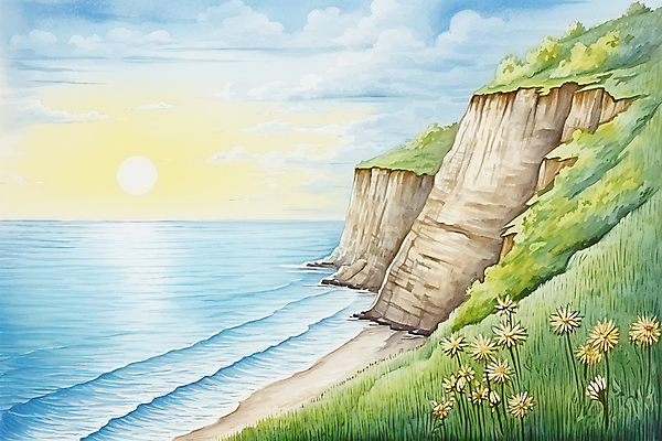 JPG 구름 꽃 바다 일러스트 자연 하늘 붓터치 수채화 풍경 사람없음 여름 햇빛 국내일러스트 AI일러스트 AI콘텐츠 자연요소 식물 계절 태양 생태계 파일형식