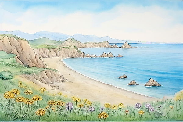 JPG 구름 꽃 바다 일러스트 자연 하늘 붓터치 수채화 풍경 사람없음 여름 국내일러스트 AI일러스트 AI콘텐츠 자연요소 식물 계절 생태계 파일형식