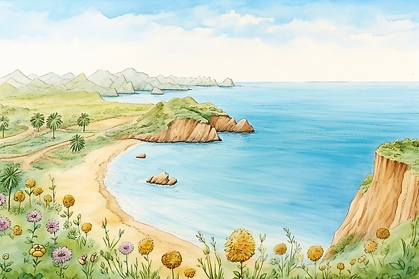 JPG 구름 꽃 바다 일러스트 자연 하늘 붓터치 수채화 풍경 사람없음 여름 국내일러스트 AI일러스트 AI콘텐츠 자연요소 식물 계절 생태계 파일형식