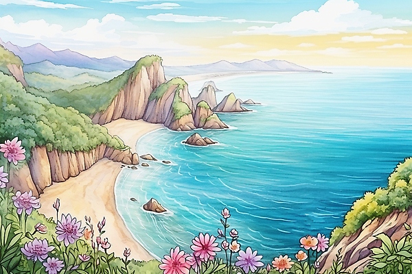 JPG 구름 꽃 바다 일러스트 자연 하늘 붓터치 수채화 풍경 사람없음 여름 국내일러스트 AI일러스트 AI콘텐츠 자연요소 식물 계절 생태계 파일형식