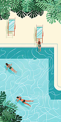 전신 PSD 여자 수영복 물결 일러스트 나뭇잎 바닥 야외수영장 사람 성인 세명 여름 풀장 수영 선베드 몬스테라 열대잎 성인여자만 국내일러스트 식물 옷 계절 잎 의자 수영장 수상스포츠 여자만 성인만 파일형식