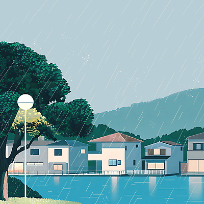 PSD 나무 가로등 일러스트 난간 자연 하늘 조명 산 주택 풍경 잔디 사람없음 여름 강 비 장마 국내일러스트 자연요소 식물 계절 공공시설 날씨 건물 비_날씨 생태계 파일형식