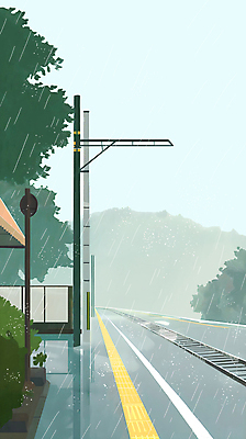 PSD 나무 도로 일러스트 자연 하늘 산 풍경 사람없음 여름 기찻길 표지판 비 전봇대 화단 장마 파티션 국내일러스트 자연요소 식물 계절 공공시설 길 교통시설 날씨 알림판 비_날씨 생태계 파일형식