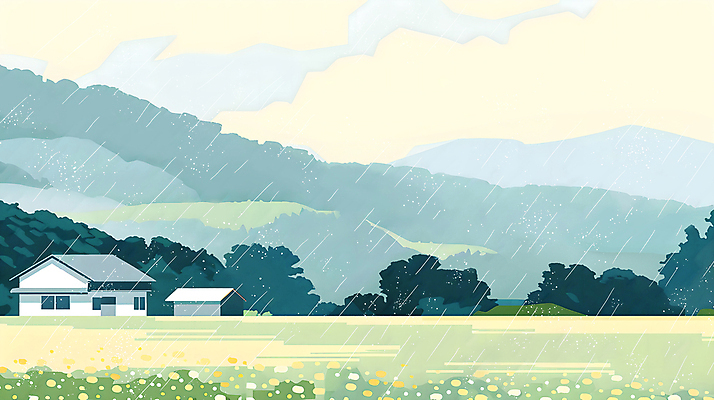 PSD 나무 구름 꽃 일러스트 자연 하늘 산 주택 풍경 잔디 사람없음 여름 시골 비 장마 국내일러스트 자연요소 식물 계절 날씨 건물 비_날씨 생태계 파일형식